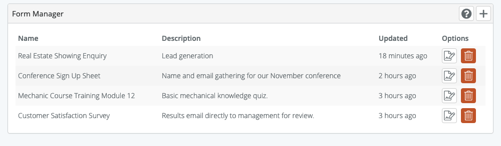 A screen shot of the forms directory interface